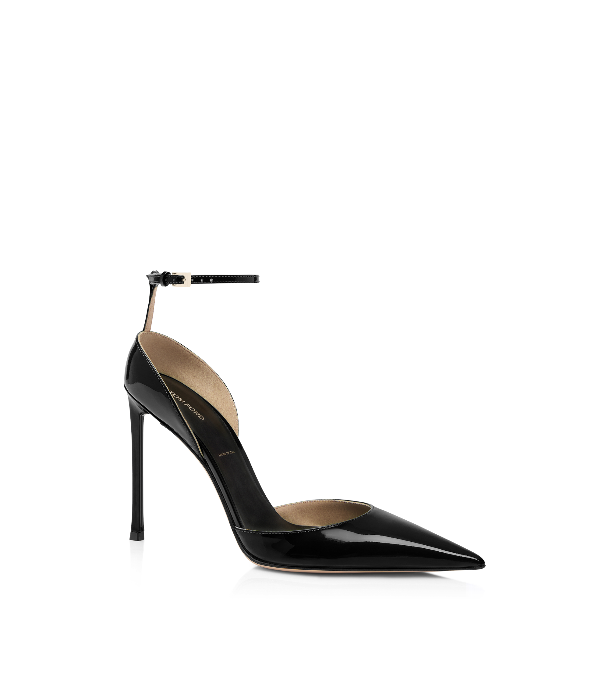 PATENT LEATHER VERTIGO ANKLE STRAP PUMP