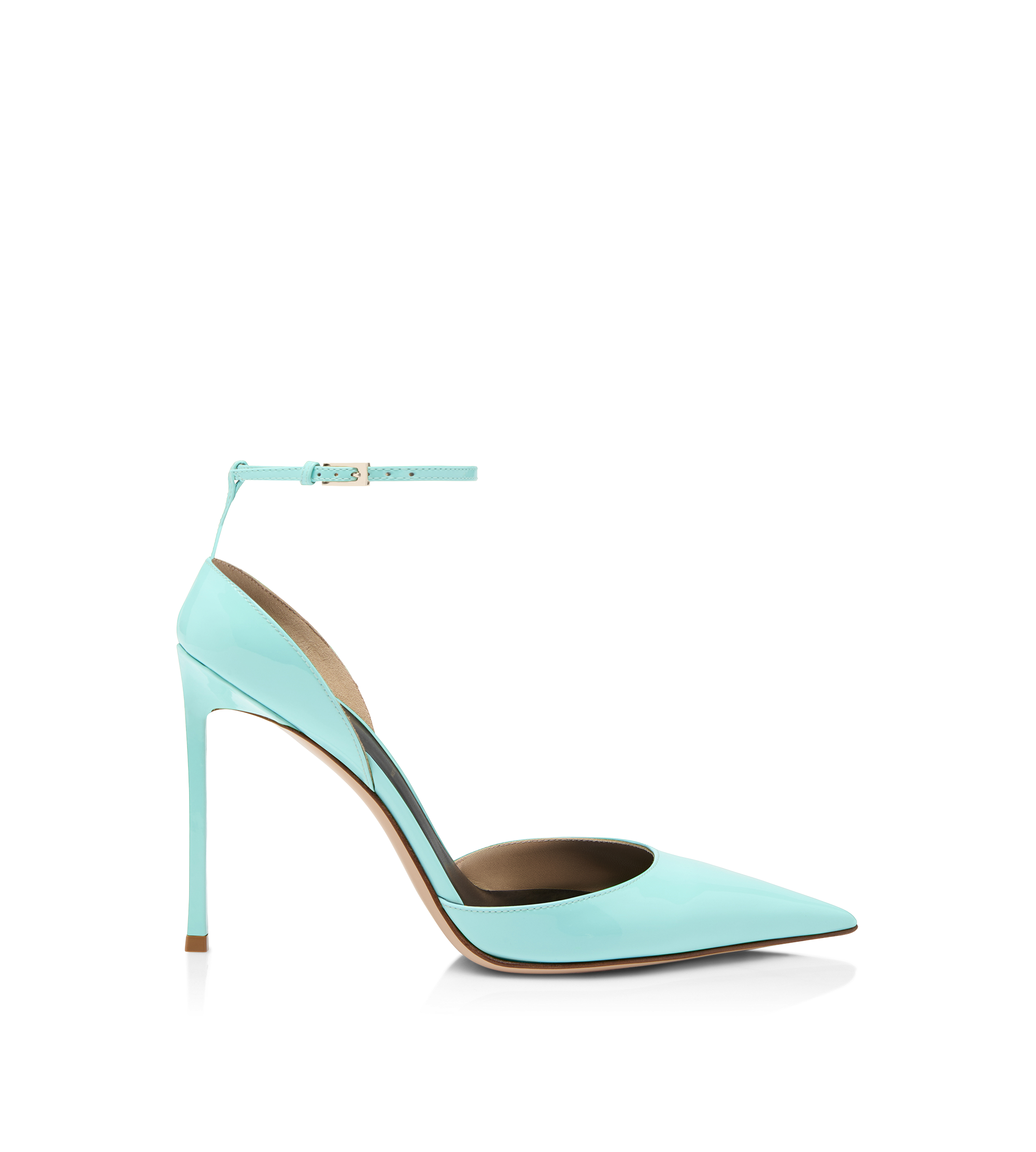 PATENT LEATHER VERTIGO ANKLE STRAP PUMP