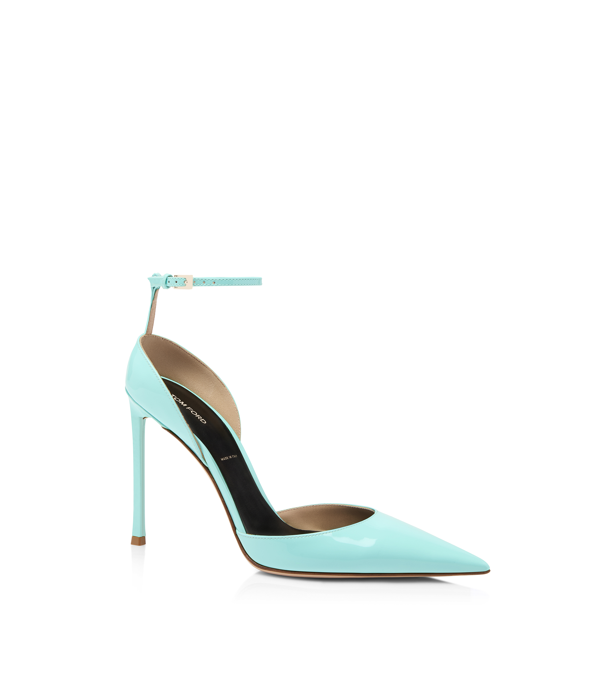 PATENT LEATHER VERTIGO ANKLE STRAP PUMP