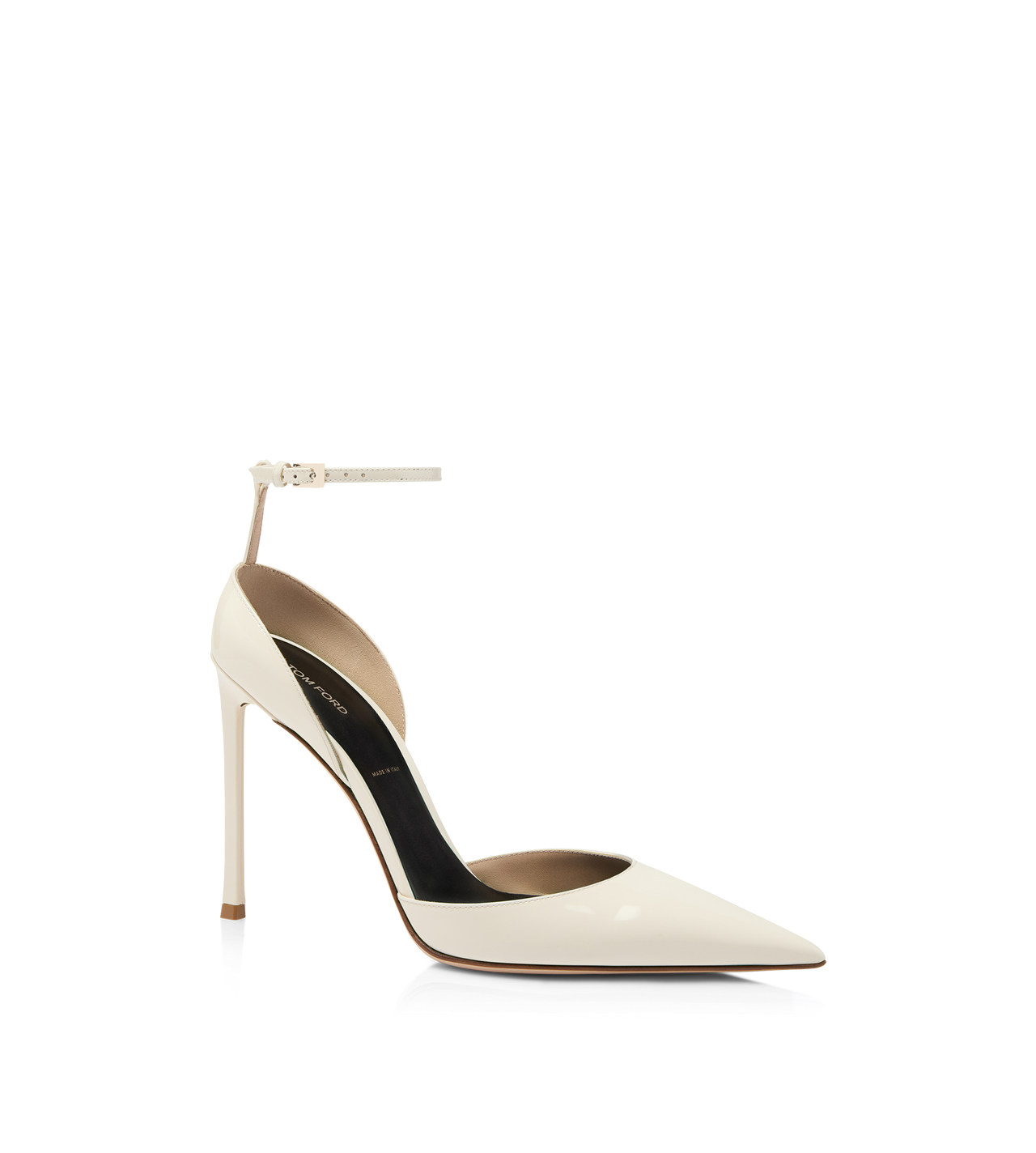 TOM FORD LEATHER PEARLED IVORY PATENT LEATHER VERTIGO ANKLE STRAP PUMP