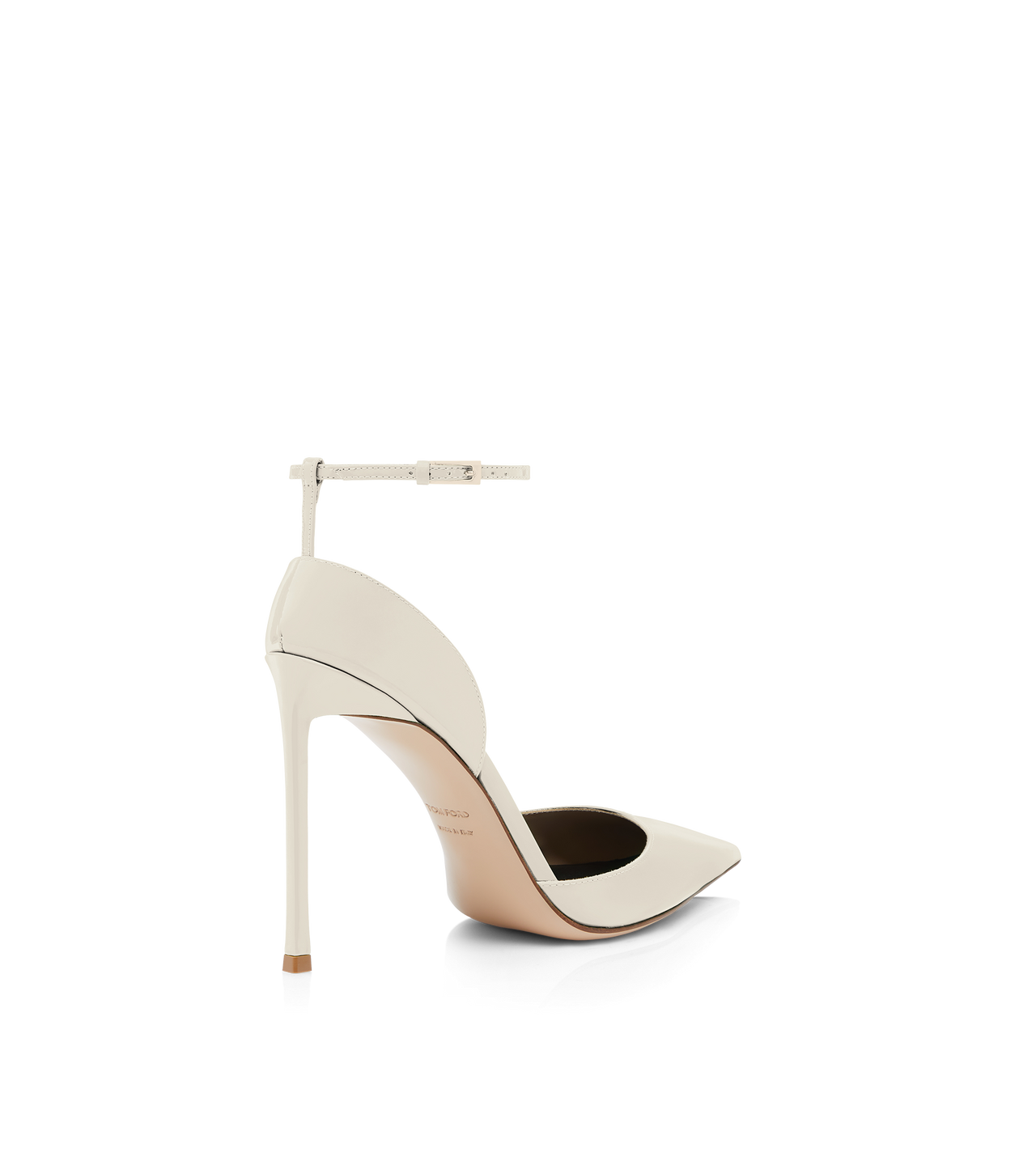 TOM FORD LEATHER PEARLED IVORY PATENT LEATHER VERTIGO ANKLE STRAP PUMP