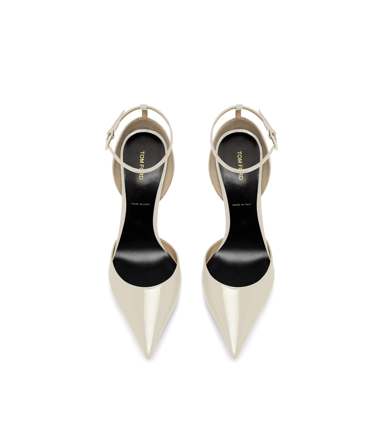 TOM FORD LEATHER PEARLED IVORY PATENT LEATHER VERTIGO ANKLE STRAP PUMP