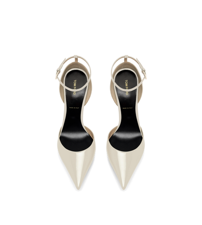 TOM FORD LEATHER PEARLED IVORY PATENT LEATHER VERTIGO ANKLE STRAP PUMP