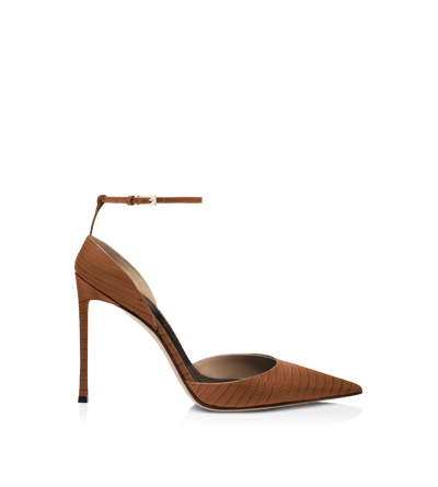 TOM FORD LEATHER TOFFEE TEJUS-EFFECT PRINTED LEATHER VERTIGO ANKLE STRAP PUMP