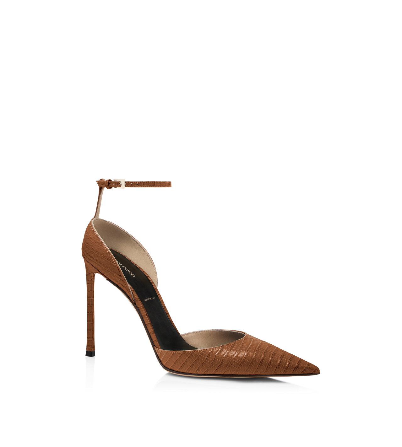 TOM FORD LEATHER TOFFEE TEJUS-EFFECT PRINTED LEATHER VERTIGO ANKLE STRAP PUMP