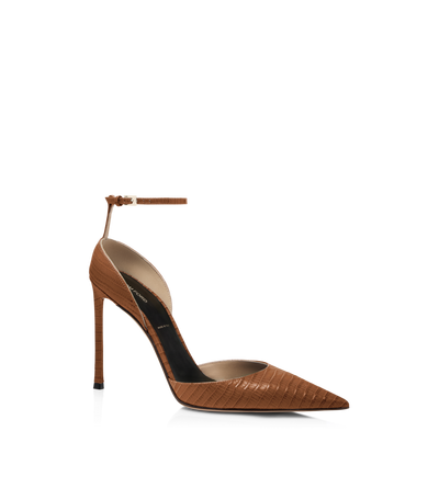 TOM FORD LEATHER TOFFEE TEJUS-EFFECT PRINTED LEATHER VERTIGO ANKLE STRAP PUMP