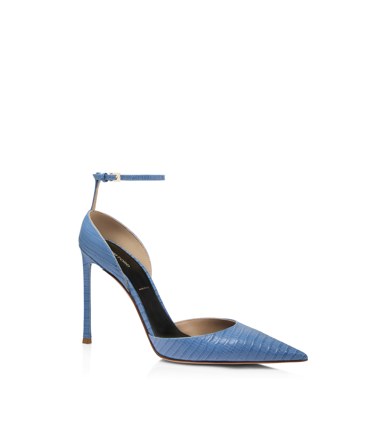 TOM FORD LEATHER STONE BLUE ESCARPIN &Agrave; BRIDE DE CHEVILLE EN CUIR VERTIGO IMPRIM&Eacute; EFFET T&Eacute;JUS
