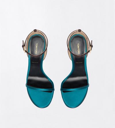 TOM FORD SATIN PETROL + ESPRESSO SATIN VERTIGO ANKLE STRAP SANDAL