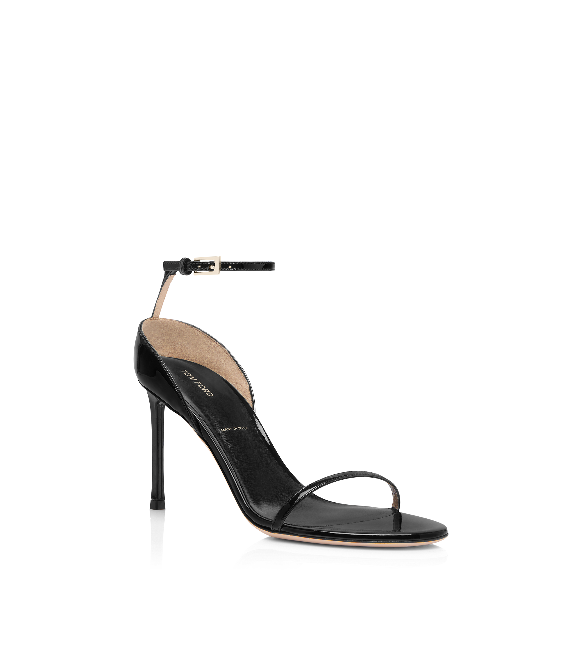PATENT LEATHER VERTIGO ANKLE STRAP SANDAL