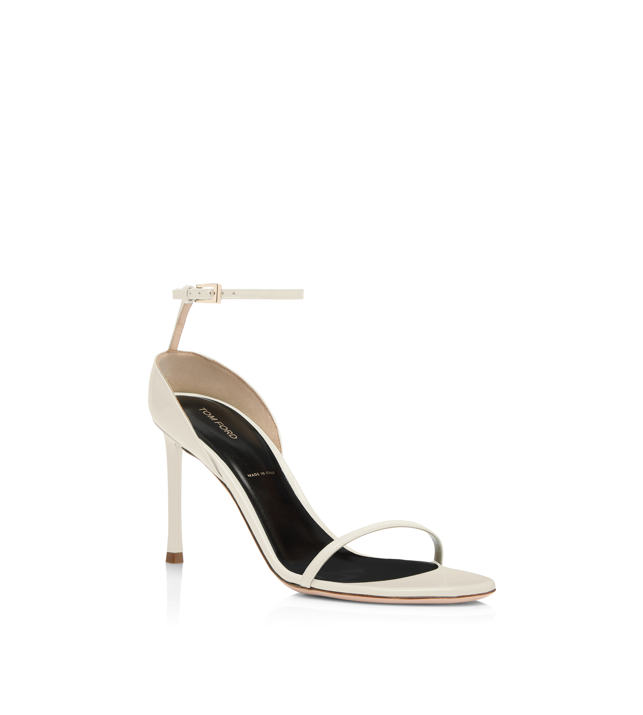 TOM FORD LEATHER PEARLED IVORY PATENT LEATHER VERTIGO ANKLE STRAP SANDAL