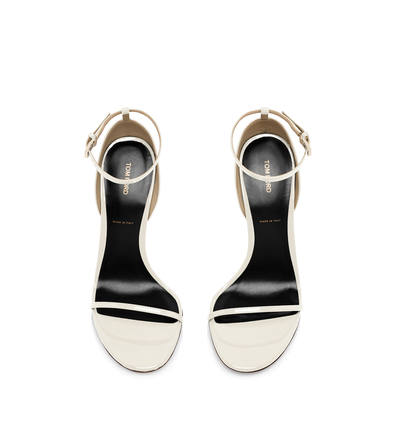 TOM FORD LEATHER PEARLED IVORY PATENT LEATHER VERTIGO ANKLE STRAP SANDAL