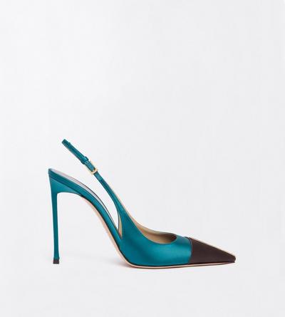 TOM FORD SATIN PETROL + ESPRESSO + CRYSTAL SATIN AND CRYSTAL STONES THEA SLINGBACK