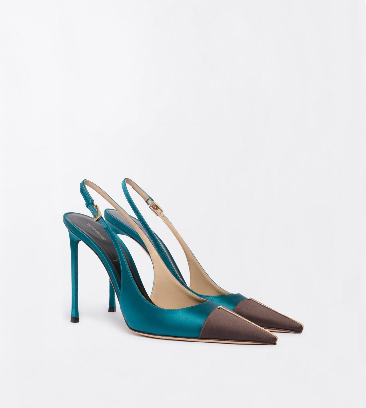 TOM FORD SATIN PETROL + ESPRESSO + CRYSTAL SATIN AND CRYSTAL STONES THEA SLINGBACK