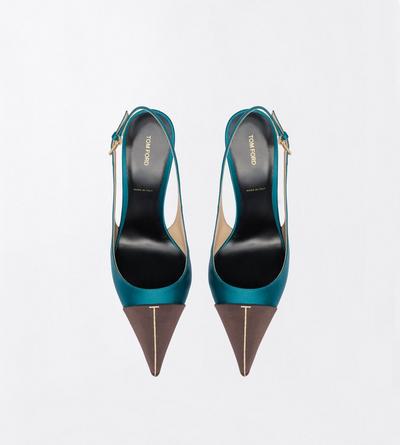 TOM FORD SATIN PETROL + ESPRESSO + CRYSTAL SATIN AND CRYSTAL STONES THEA SLINGBACK