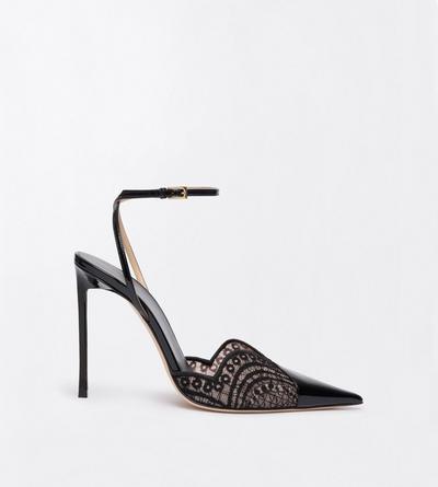 TOM FORD LEATHER BLACK PATENT LEATHER AND LACE ANKLE STRAP PUMP