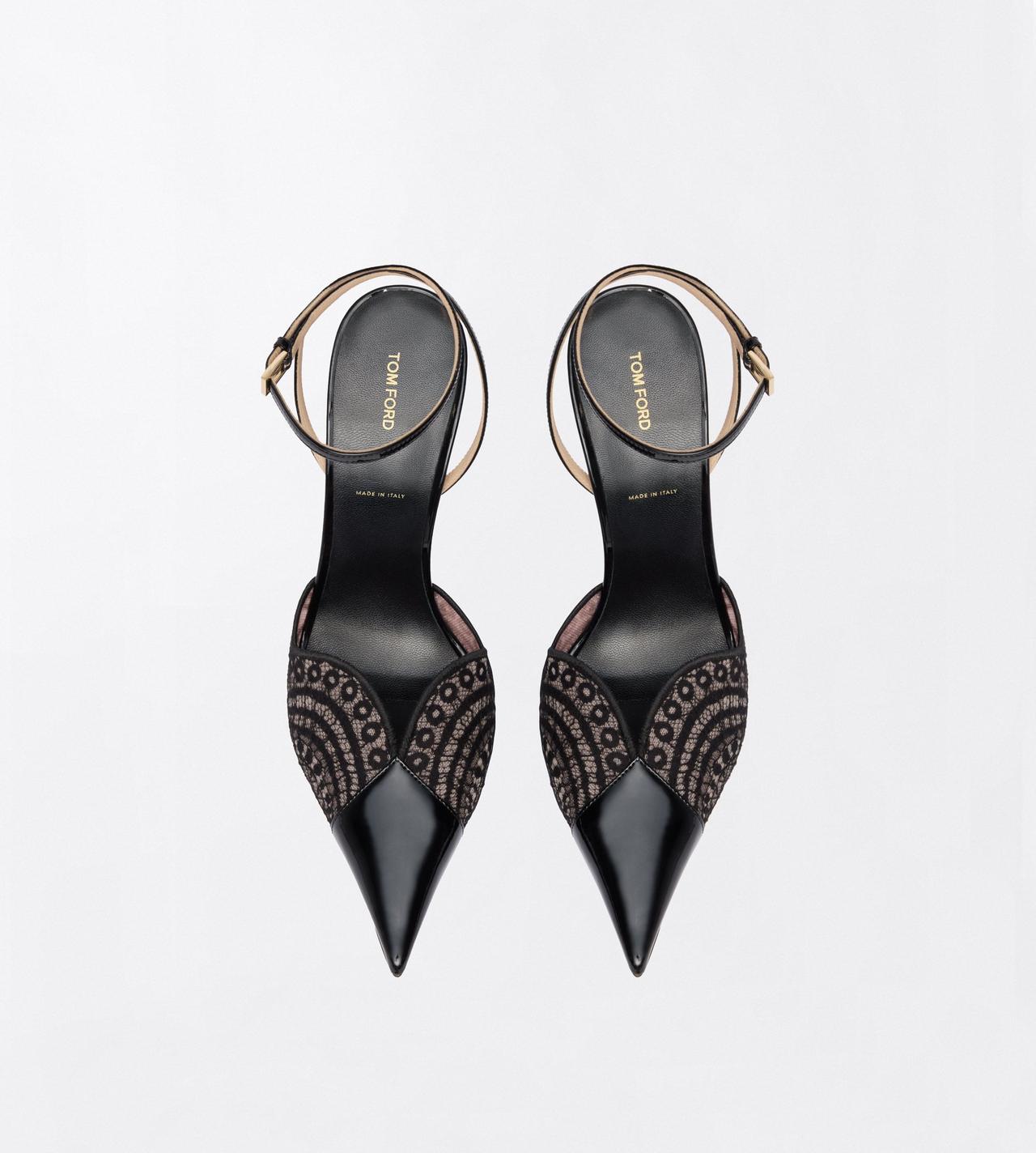 TOM FORD LEATHER BLACK PATENT LEATHER AND LACE ANKLE STRAP PUMP