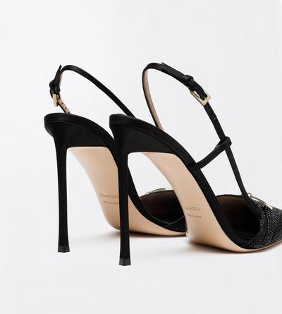 TOM FORD CRYSTAL BLACK CRYSTAL STONES AND SATIN ARC SLINGBACK