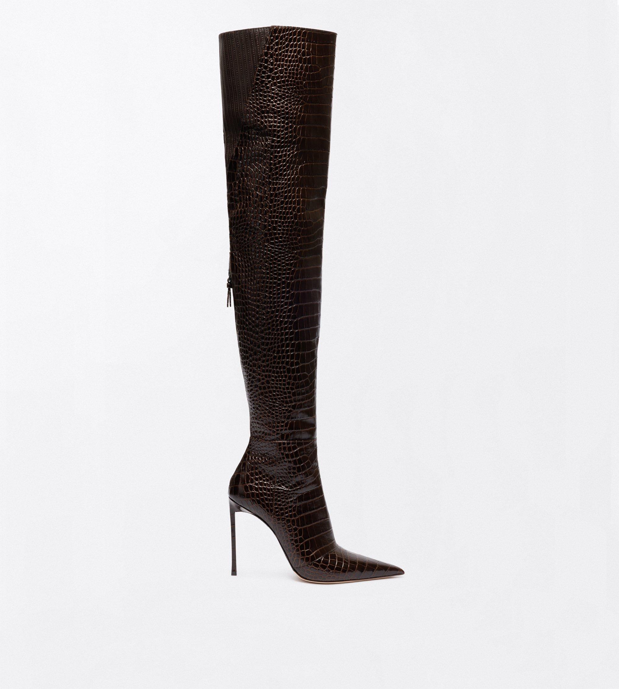 SHINY STAMPED CROCODILE LEATHER VERTIGO THIGH HIGH BOOT