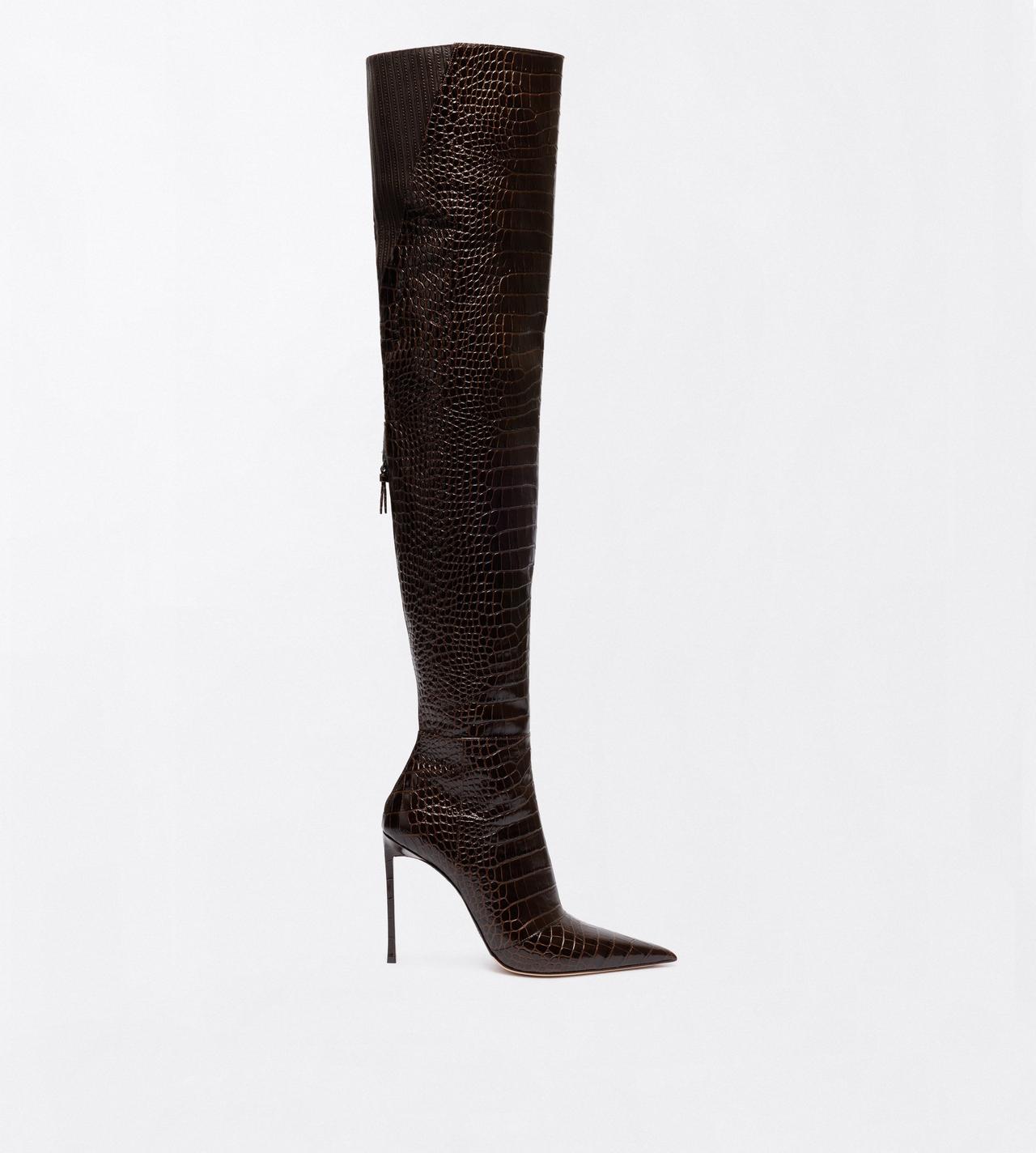 TOM FORD LEATHER CHOCOLATE SHINY STAMPED CROCODILE LEATHER VERTIGO THIGH HIGH BOOT
