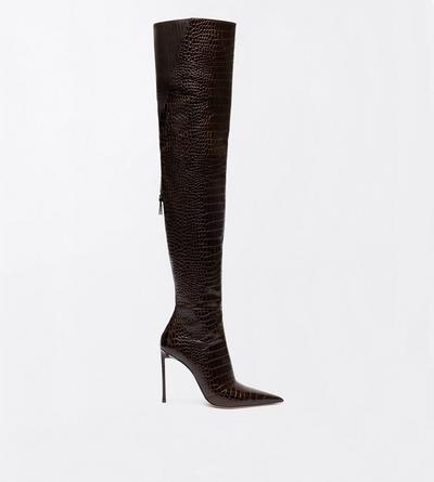 TOM FORD LEATHER CHOCOLATE SHINY STAMPED CROCODILE LEATHER VERTIGO THIGH HIGH BOOT