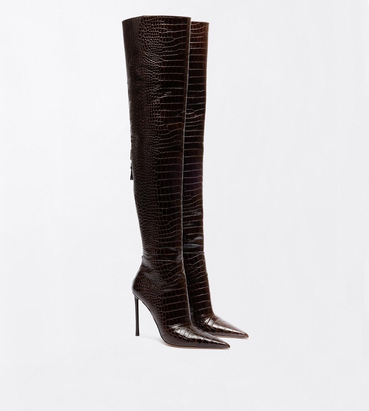 TOM FORD LEATHER CHOCOLATE SHINY STAMPED CROCODILE LEATHER VERTIGO THIGH HIGH BOOT