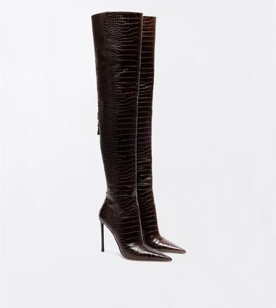 TOM FORD LEATHER CHOCOLATE SHINY STAMPED CROCODILE LEATHER VERTIGO THIGH HIGH BOOT