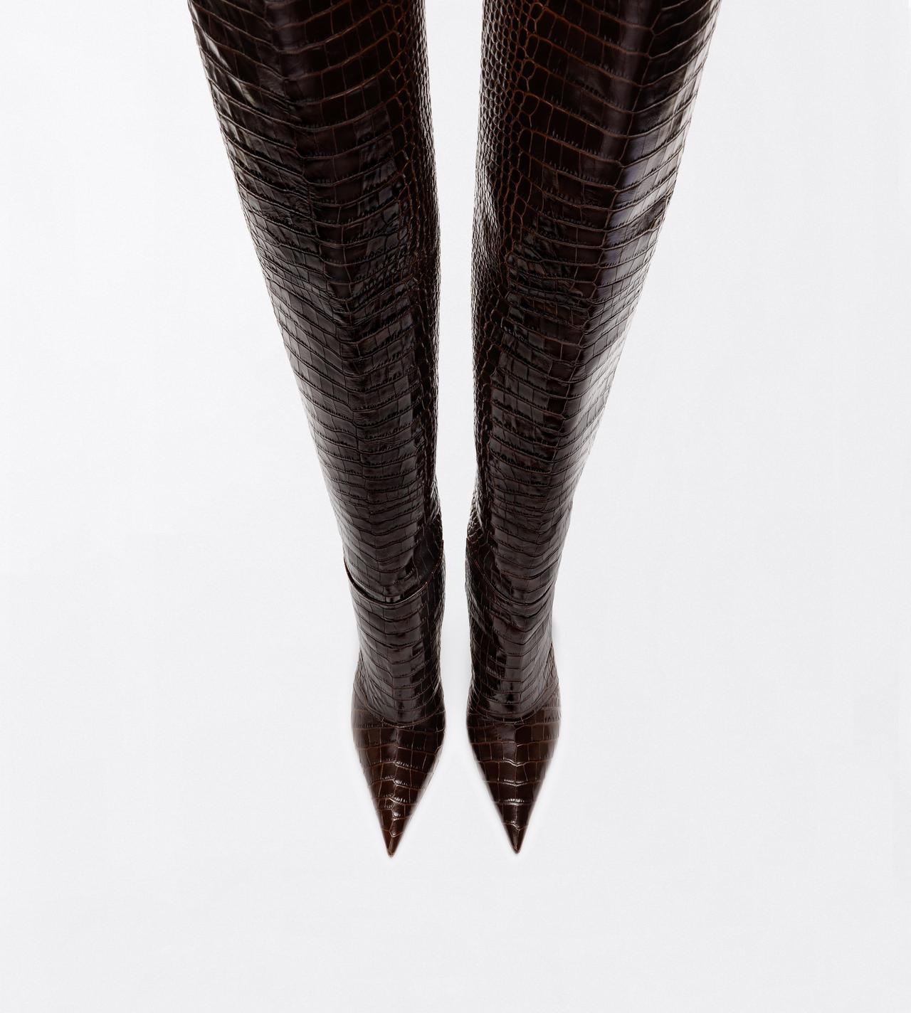 TOM FORD LEATHER CHOCOLATE SHINY STAMPED CROCODILE LEATHER VERTIGO THIGH HIGH BOOT