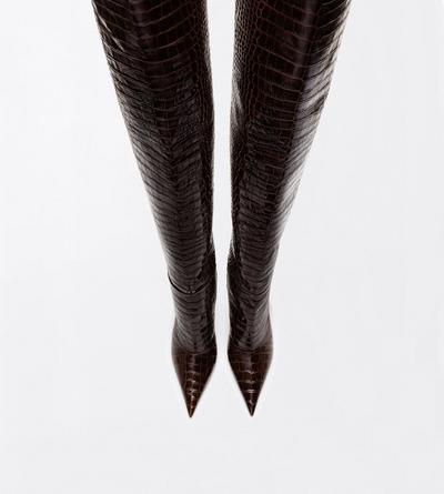 TOM FORD LEATHER CHOCOLATE SHINY STAMPED CROCODILE LEATHER VERTIGO THIGH HIGH BOOT