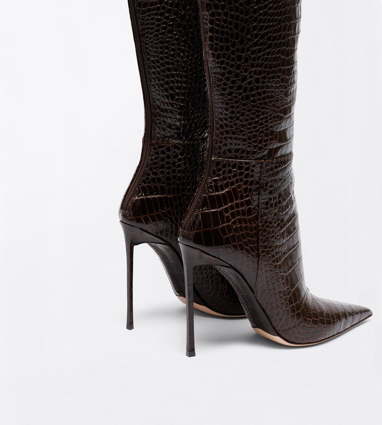 TOM FORD LEATHER CHOCOLATE SHINY STAMPED CROCODILE LEATHER VERTIGO THIGH HIGH BOOT