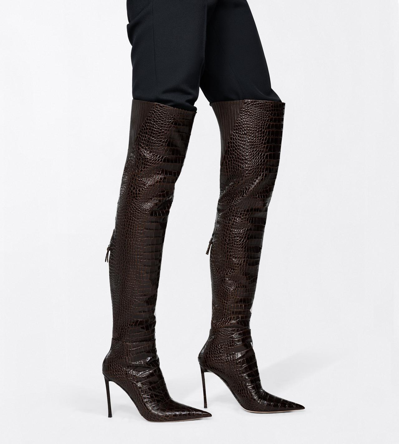 TOM FORD LEATHER CHOCOLATE SHINY STAMPED CROCODILE LEATHER VERTIGO THIGH HIGH BOOT