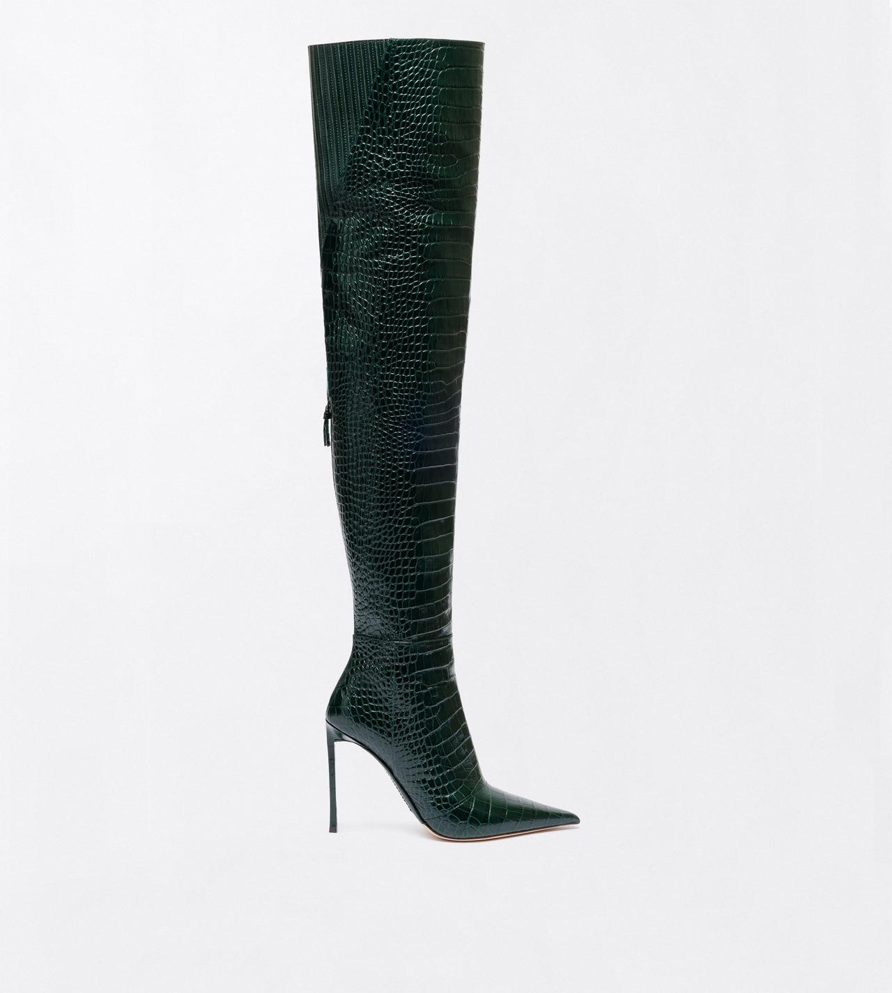 TOM FORD LEATHER DARK PINE SHINY STAMPED CROCODILE LEATHER VERTIGO THIGH HIGH BOOT