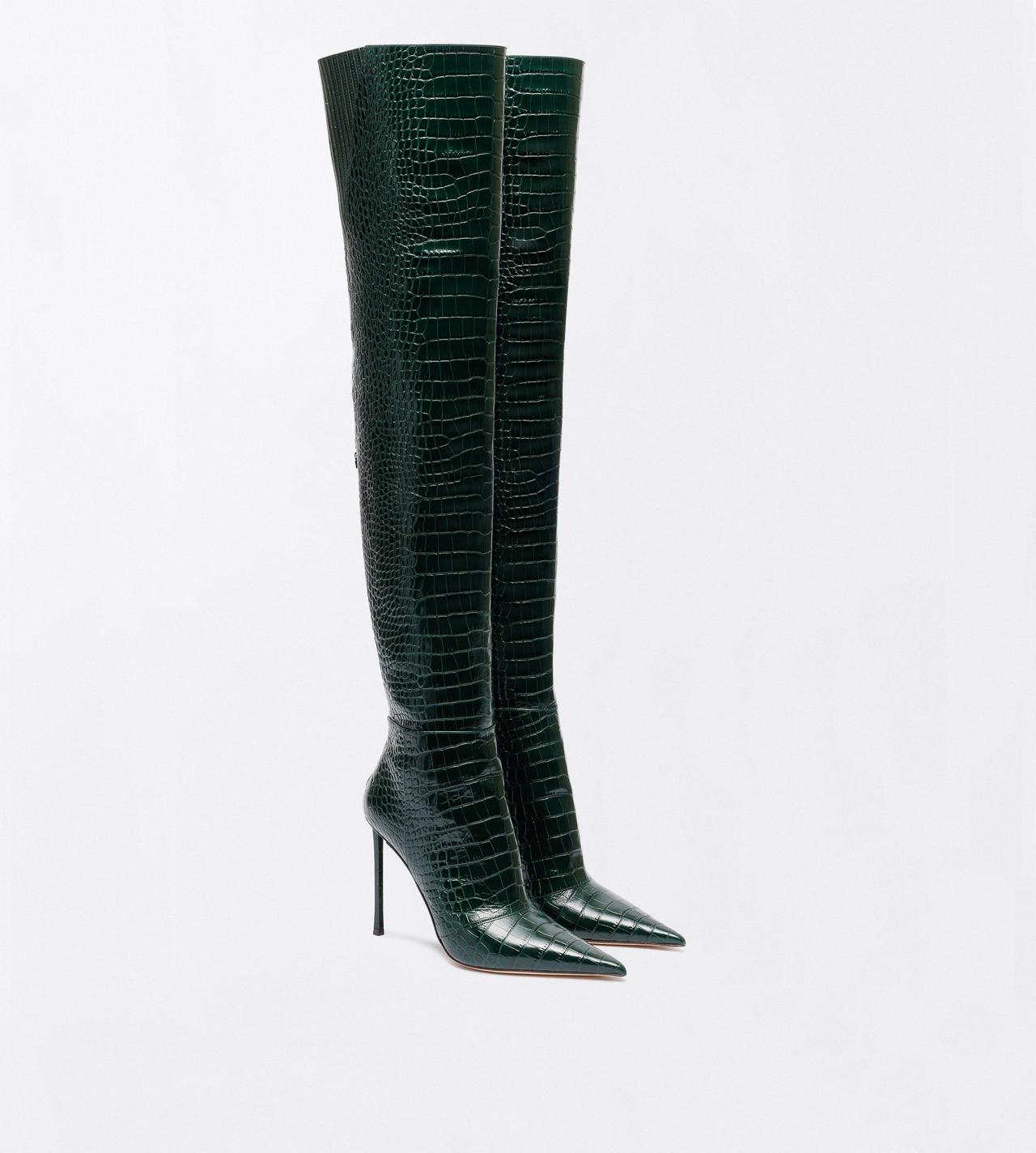 TOM FORD LEATHER DARK PINE SHINY STAMPED CROCODILE LEATHER VERTIGO THIGH HIGH BOOT