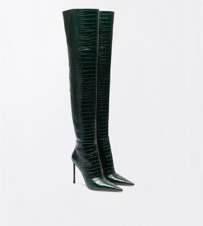 TOM FORD LEATHER DARK PINE SHINY STAMPED CROCODILE LEATHER VERTIGO THIGH HIGH BOOT