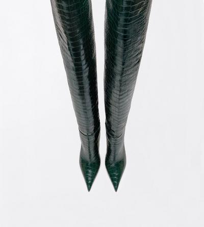 TOM FORD LEATHER DARK PINE SHINY STAMPED CROCODILE LEATHER VERTIGO THIGH HIGH BOOT