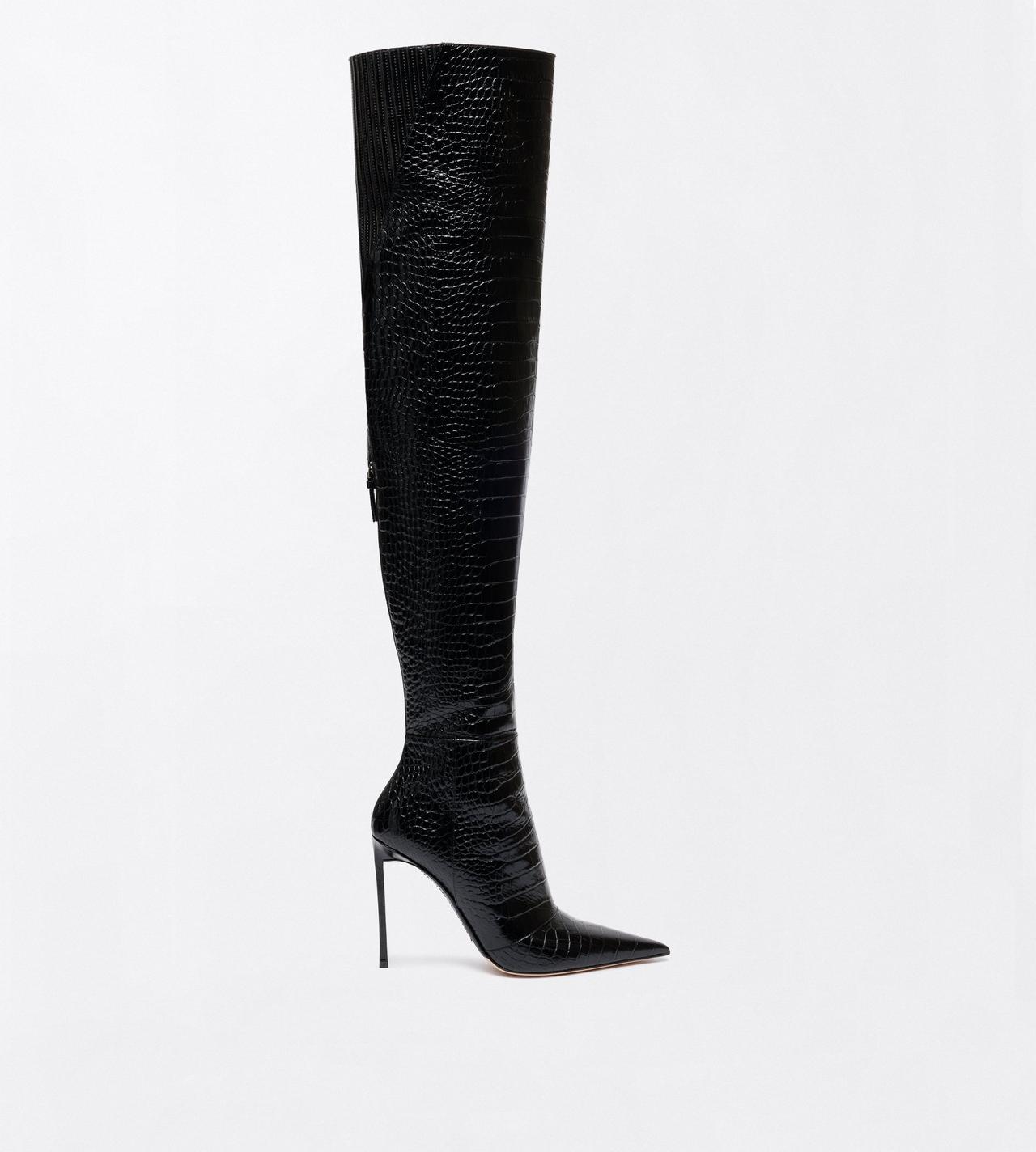 TOM FORD LEATHER BLACK SHINY STAMPED CROCODILE LEATHER VERTIGO THIGH HIGH BOOT