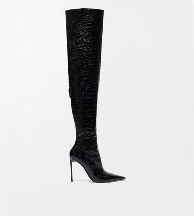 TOM FORD LEATHER BLACK SHINY STAMPED CROCODILE LEATHER VERTIGO THIGH HIGH BOOT