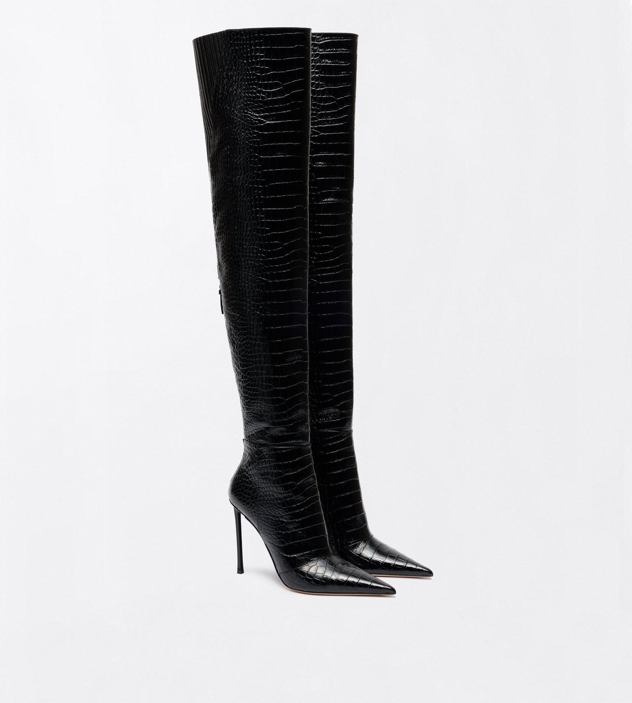 TOM FORD LEATHER BLACK SHINY STAMPED CROCODILE LEATHER VERTIGO THIGH HIGH BOOT