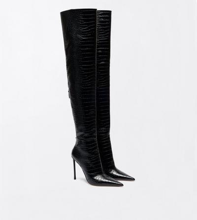 TOM FORD LEATHER BLACK SHINY STAMPED CROCODILE LEATHER VERTIGO THIGH HIGH BOOT