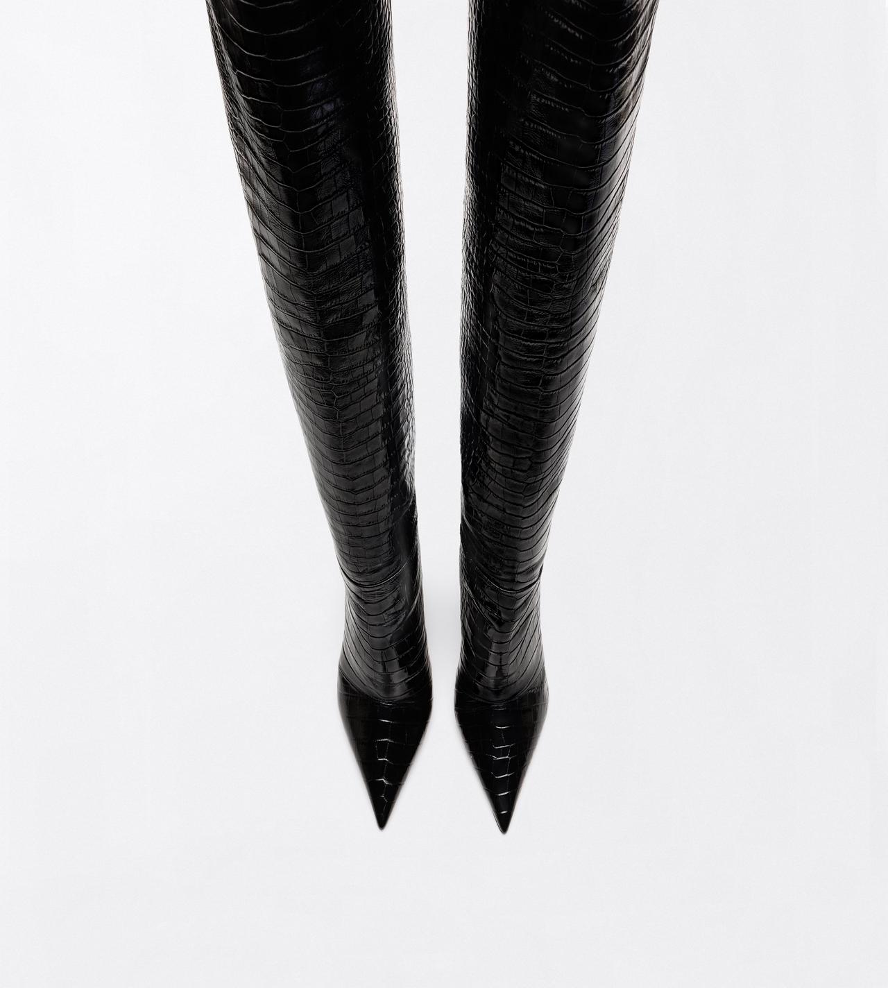 TOM FORD LEATHER BLACK SHINY STAMPED CROCODILE LEATHER VERTIGO THIGH HIGH BOOT