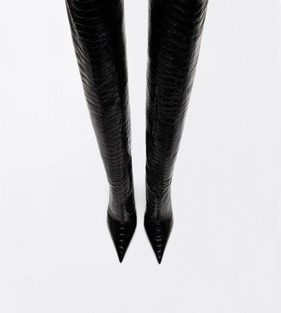 TOM FORD LEATHER BLACK SHINY STAMPED CROCODILE LEATHER VERTIGO THIGH HIGH BOOT
