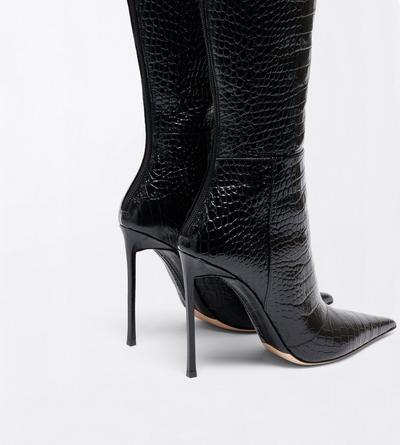 TOM FORD LEATHER BLACK SHINY STAMPED CROCODILE LEATHER VERTIGO THIGH HIGH BOOT