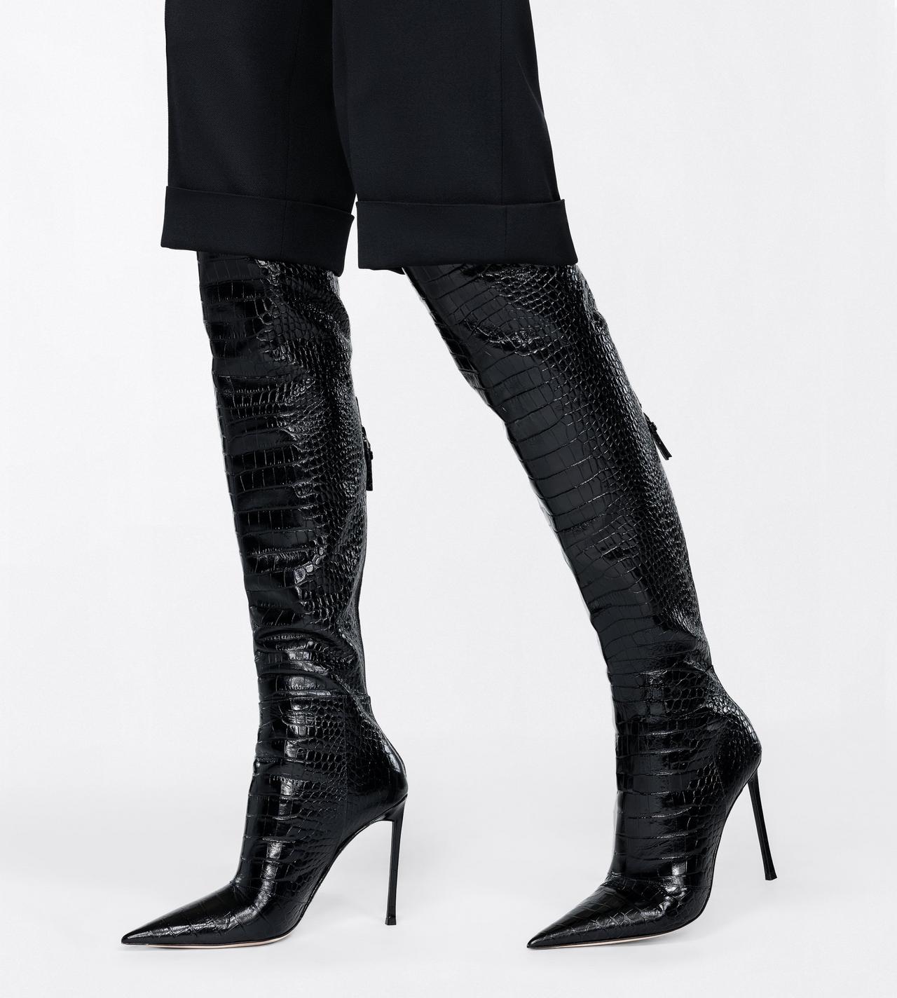TOM FORD LEATHER BLACK SHINY STAMPED CROCODILE LEATHER VERTIGO THIGH HIGH BOOT