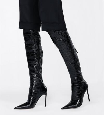 TOM FORD LEATHER BLACK SHINY STAMPED CROCODILE LEATHER VERTIGO THIGH HIGH BOOT