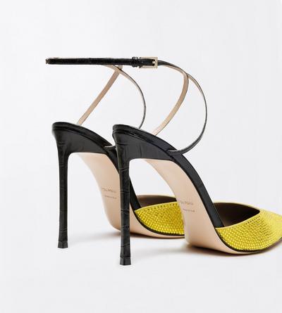 TOM FORD CRYSTAL WARM YELLOW + BLACK CRYSTAL STONES AND STAMPED CROCODILE LEATHER SELEN PUMP
