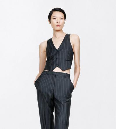 TOM FORD LEATHER BLACK AND WHITE CHALK STRIPE WOOL MOHAIR WAISTCOAT
