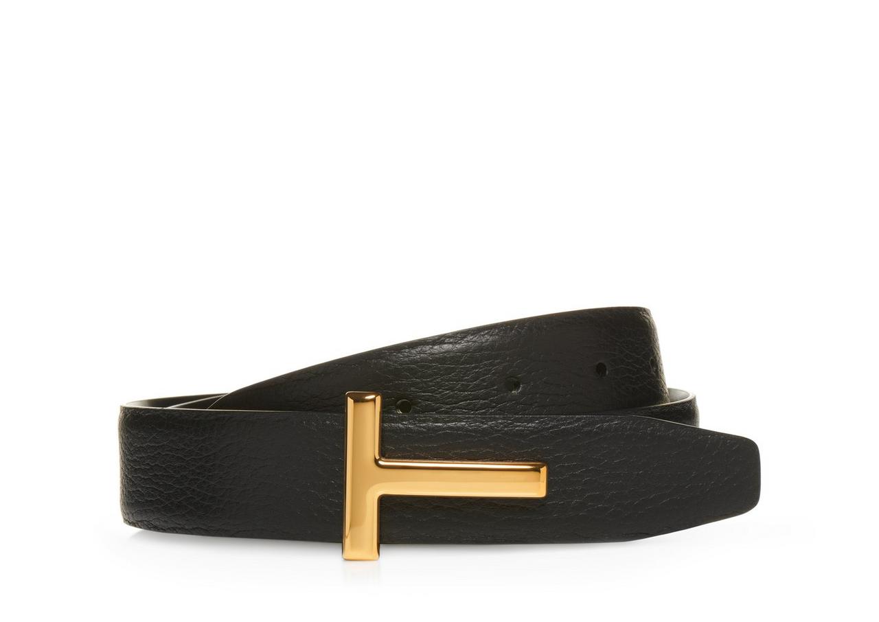 GRAINED LEATHER AND SHINY SMOOTH LEATHER REVERSIBLE T BELT