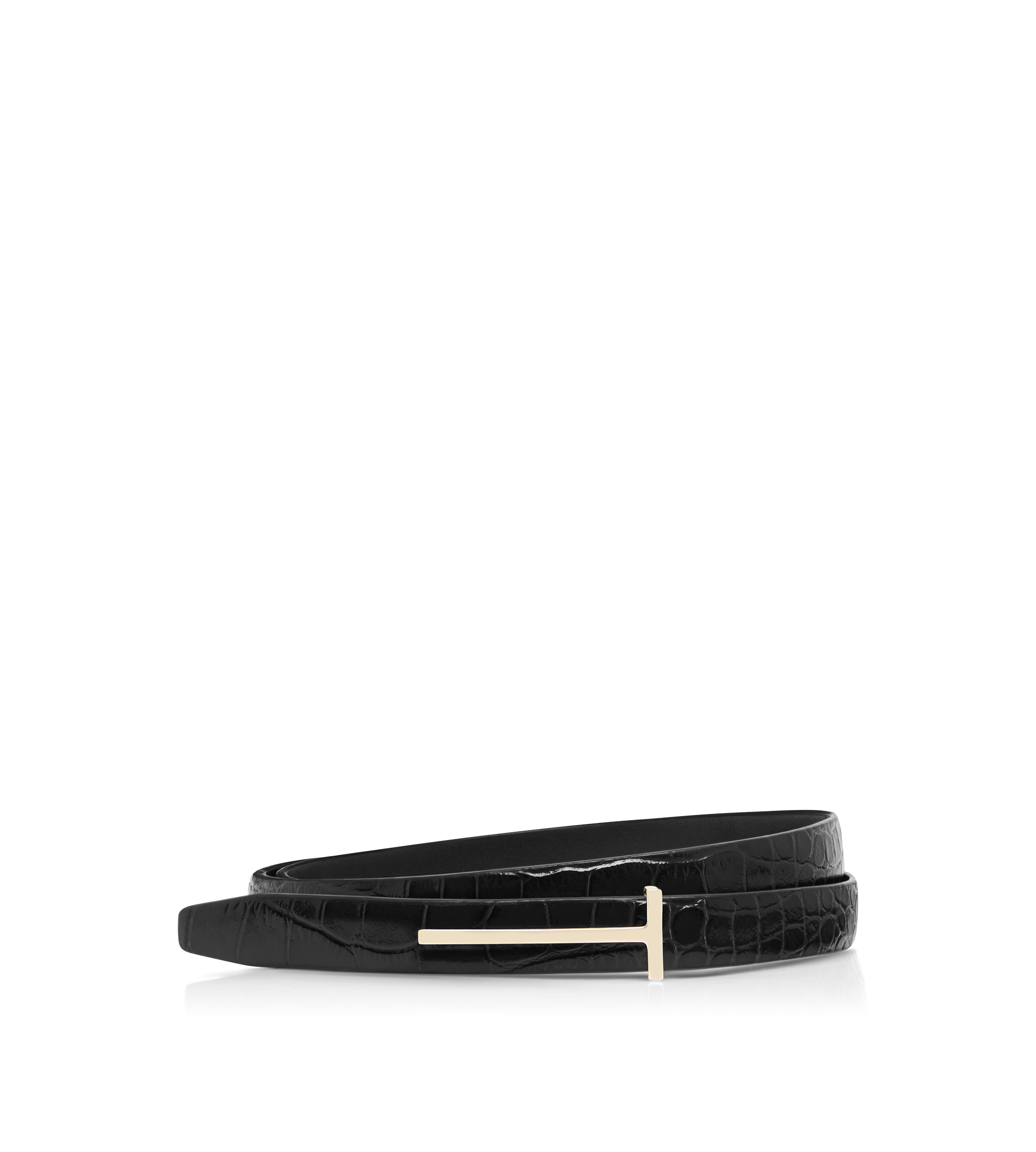 SHINY STAMPED CROCODILE LEATHER SLIM T BELT