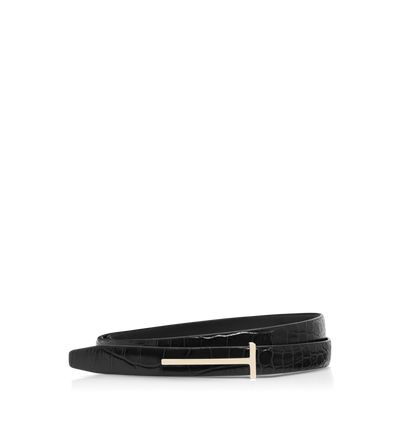 SHINY STAMPED CROCODILE LEATHER SLIM T BELT image number 0