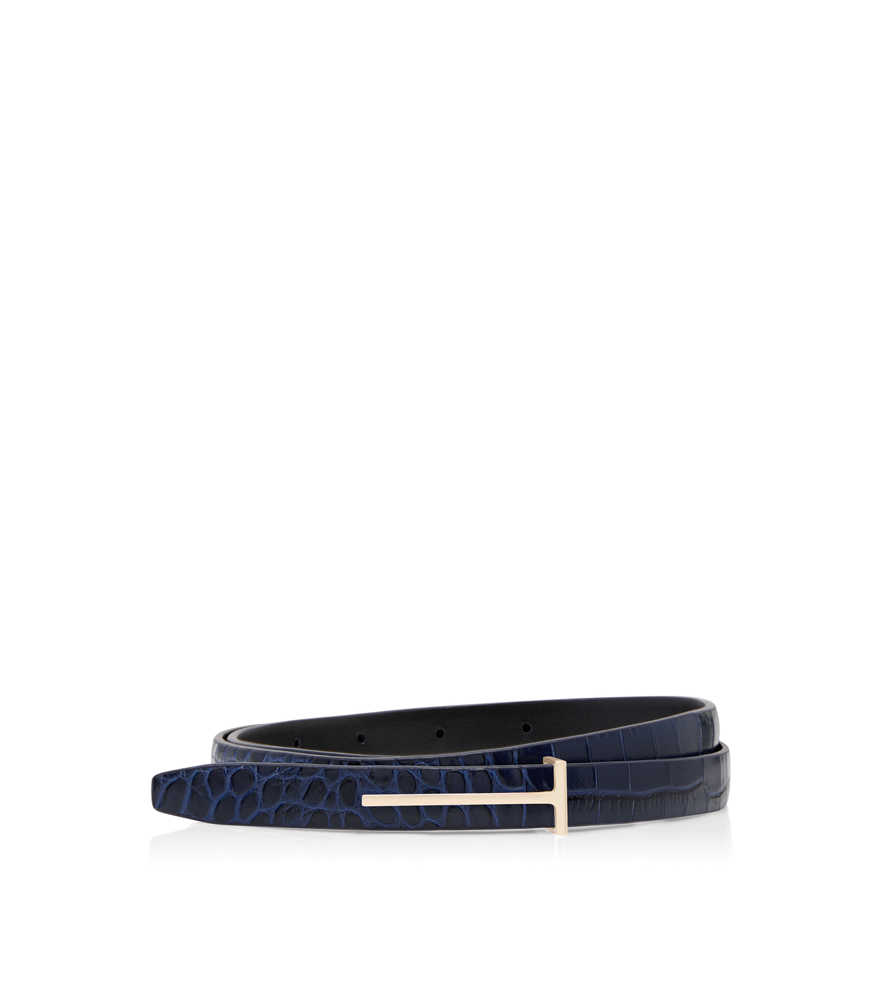 TOM FORD LEATHER SEA BLUE SHINY STAMPED CROCODILE LEATHER SLIM T BELT