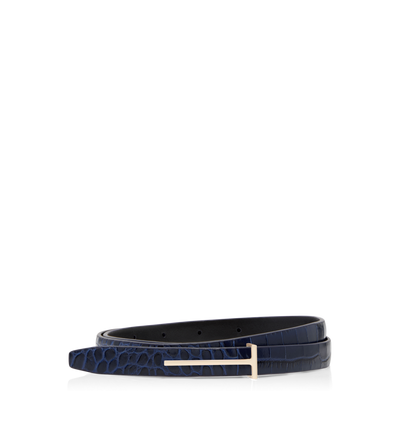 TOM FORD LEATHER SEA BLUE SHINY STAMPED CROCODILE LEATHER SLIM T BELT